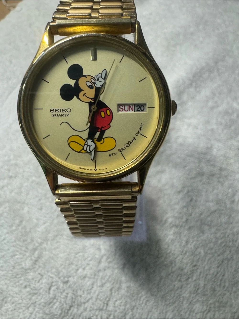 Seiko Gold Tone Mickey Mouse Dial Watch with Red and Yellow Accents